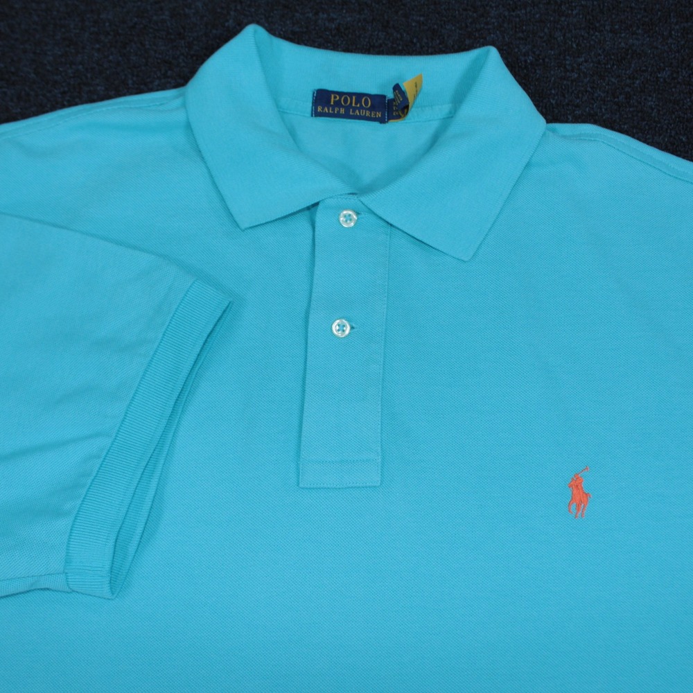 Polo Ralph Lauren Polo Shirt Mens XLT Turquoise Blue Cotton Mesh Orange Pony